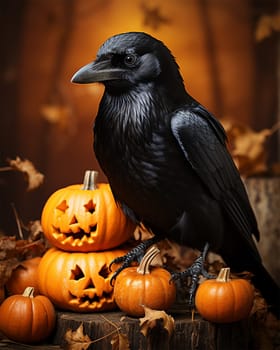 Black crow on Jack's scary pumpkin head, side view. Spooky fun fall decor. Halloween decorative element.