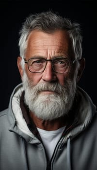 portrait of an elderly bearded gray-haired man wearing glasses and a sports jacket.