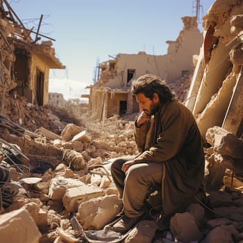 a shocked man sits on the ruins of a house in a city destroyed by an earthquake or war.