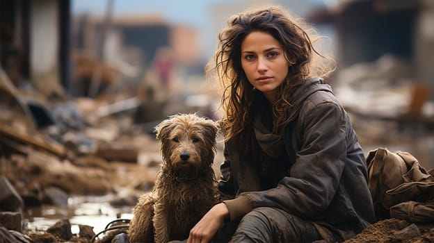 female volunteer sits next to a dog on the ruins of a house in a city destroyed by an earthquake or war