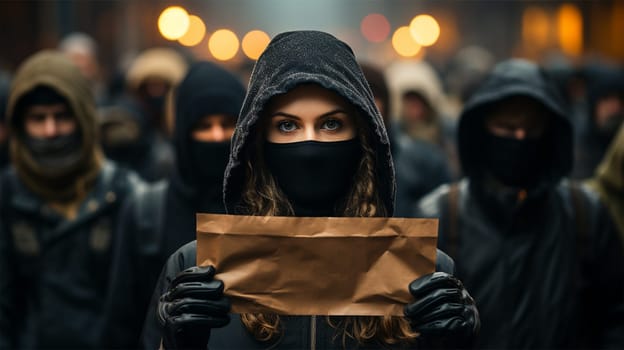 a group of masked people came out with posters to demonstrate the population's protest. A meeting about human rights. copy space.