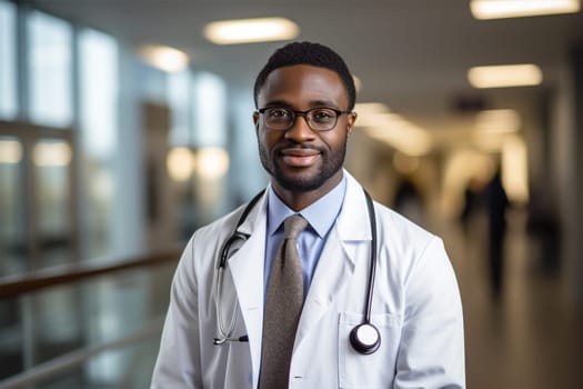 young smiling doctor in a robe and with a stethoscope in the clinic .