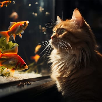 the cat carefully watches the beautiful red fish in the aquarium.