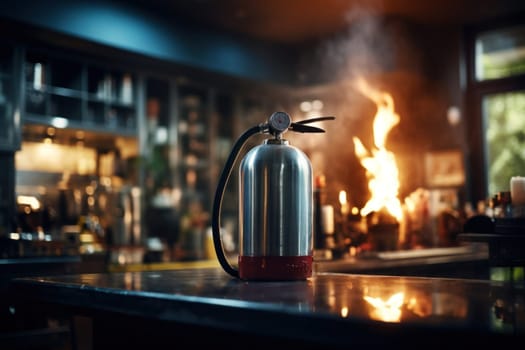 fire extinguisher on the background of a fire in the room. Emergency equipment in case of fire