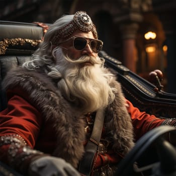 Santa Claus in a stylized retro car with embroidery and with ethnic elements on clothes.