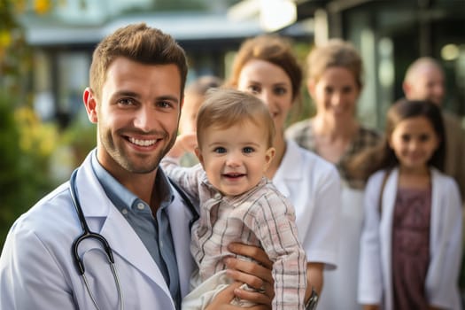young smiling children's doctor in a robe and with a stethoscope with a baby in his arms in the courtyard of the clinic.