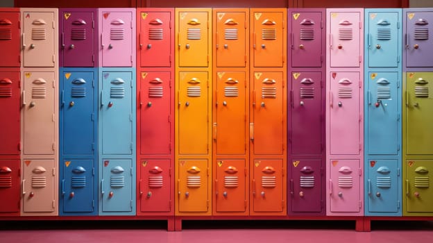 Front view of a stack of colorful metal school lockers with combination locks and doors.background