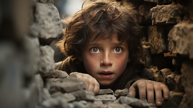 a shocked child sits on the ruins of a house in a city destroyed by an earthquake or war.