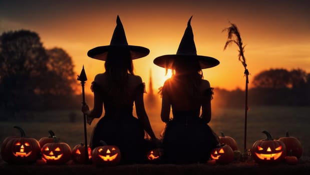 Halloween concept with the silhouettes of females dressed in black with tall hats as witches gazing at sunset on a field with lit head shaped Jack-o'-lantern pumpkins .