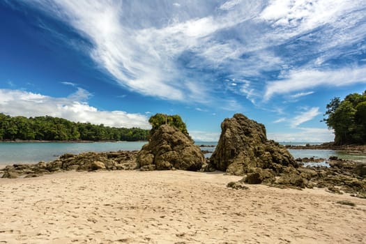 Playa in Manuel Antonio National Park, Costa Rica wildlife. Pacific ocean. Picturesque paradise tropical landscape. Pura Vida concept, travel to exotic tropical country.