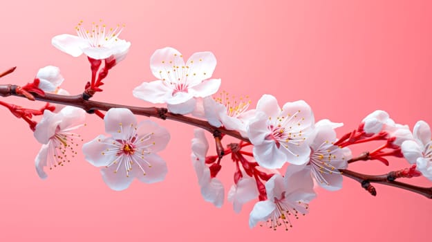 A plum blossom on a pink color background. Branch in blossom close-up. AI generated