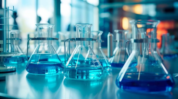 Chemical and pharmaceutical concept background. Chemistry laboratory equipment and laboratory glassware. Scientific Lab Biotechnology Development Center. AI generated