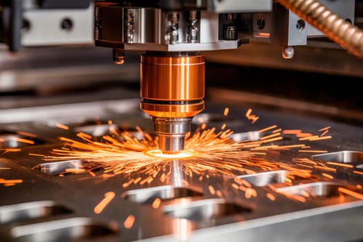 Close-up of a laser cutter. CNC laser cutting of metal, modern industrial technology. AI generated
