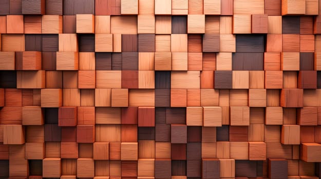 A wall of interlocking wooden blocks as a desktop background.  Concept of wooden industry for woodwork import and export. AI generated