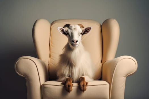 A contemporary luxury armchair with a funny goat sitting on it. Portrait of goat on an expensive leather armchair. AI generated