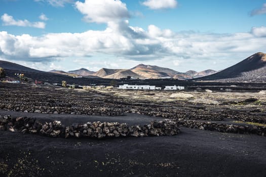 Traditional white houses in black volcanic landscape of La Geria wine growing region with view of Timanfaya National Park in Lanzarote. Touristic attraction in Lanzarote island, Canary Islands, Spain