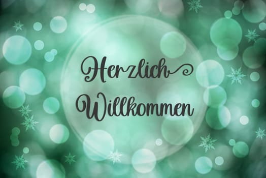 Shiny Blurry Turquoise Christmas Background With Bokeh And German Text Herzlich Willkommen, Which Means Welcome In English