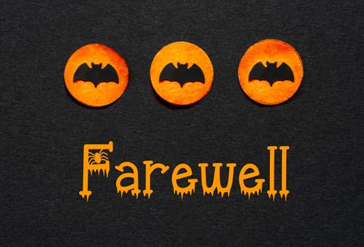Black Halloween Background With Three Orange Dots With Bats And Text Farewell