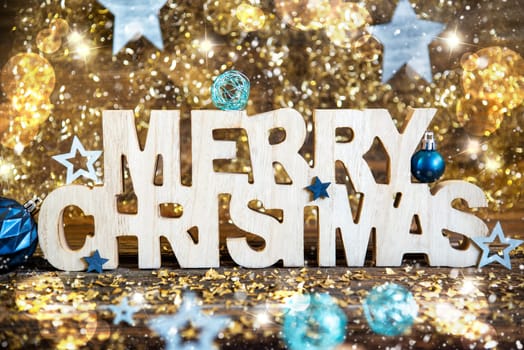 Wooden Text Merry Christmas With Winter Decoration, Christmas Decoration, Blue And Golden Winter Decor