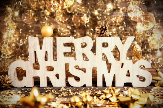 Wooden Text Merry Christmas With Winter Decoration, Christmas Decoration, Golden Winter Decor