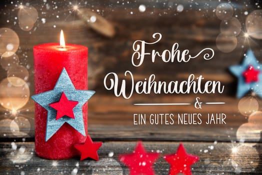 German Text Frohe Weihnachten Und Ein Gutes Neues Jahr, Means Merry Christmas And Happy New Year In English, On A Wooden Background, With Red Candle, Festive Winter Decor, Christmas, Snow