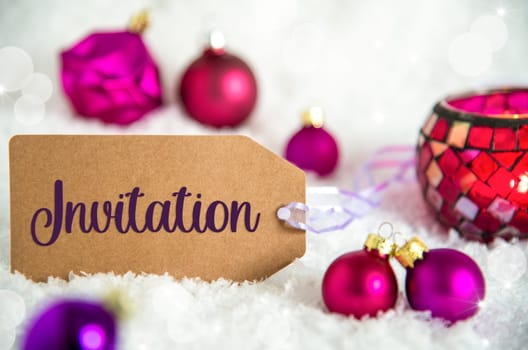 Label With Text Invitation, White Snow Background With Purple Christmas Balls, Christmas And Winter Decor