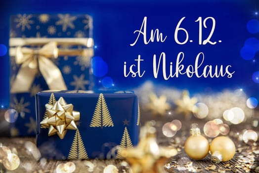German Text Am 6.12. Ist Nikolaus, Means Nikolaus December 6th In English, Golden Blue Shiny Christmas Decor, Winter Background
