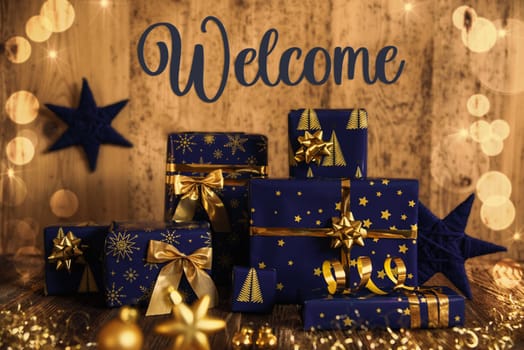 Text Welcome, Many Blue Christmas Presents, Christmas Background, Wooden Winter Decor