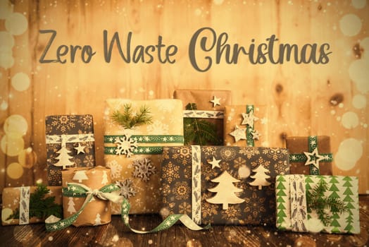 Text Zero Waste Christmas, Eco Friendly, Sustainable, Rustic, Green Wrapped Christmas Gifts, Winter Background