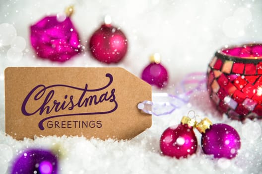 Label With Text Christmas Greetings, Purple Christmas Decoration, Snow And Winter Background