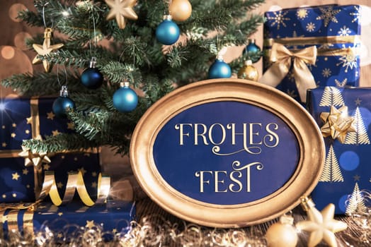 Oval Golden Frame With German Text Frohes Fest, Means Happy Holidays In English, Blue And Golden Decorated Christmas Tree As Winter And Christmas Background