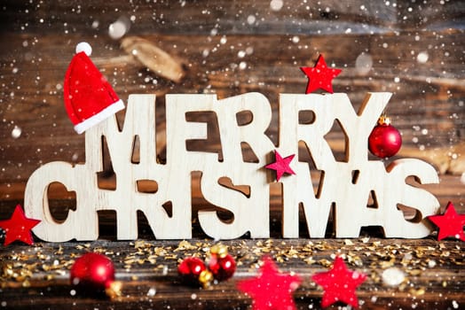 Wooden Text Merry Christmas With Winter Decoration, Christmas Decoration, Red Winter Decor, Snowfall