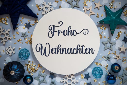German Text Frohe Weihnachten, Means Merry Christmas In English, Blue Flatlay, Christmas Decor, Winter Background, Stars, Wooden Flatlay