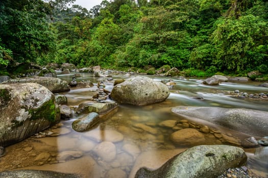 The Orosi River, also called Rio Grande de Orosi, is a river in Costa Rica near the Cordillera de Talamanca. Tapanti - Cerro de la Muerte Massif National Park. Costa Rica wilderness landscape