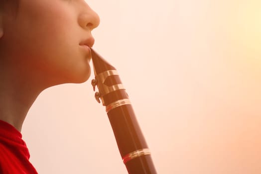 Young attractive girl playing clarinet in fall park