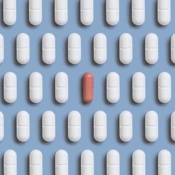 White pills on light blue top view, creative pattern. Curative medicine and healthcare, taking dietary supplements and vitamins. Pharmaceutical pills