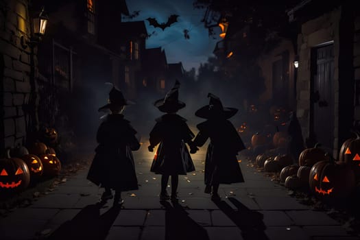 Halloween concept with the silhouettes of teens dressed in black with tall hats as witches walking on a dark alley with lit head-shaped Jack-o'-lantern pumpkins .