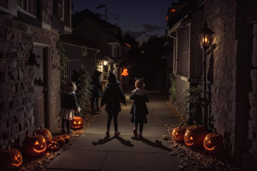 Halloween concept with the silhouettes of teens walking on a dark alley with lit head-shaped Jack-o'-lantern pumpkins .