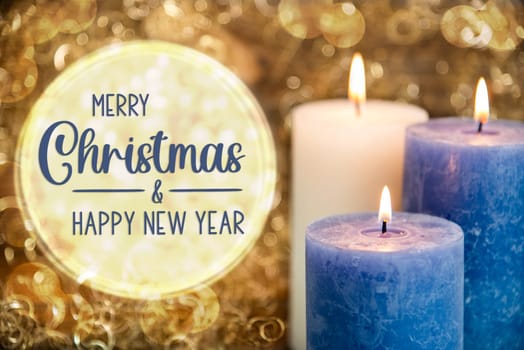 Text Merry Christmas And Happy New Year, With Candles, Golden, Glittering Winter Background, Festive, Cozy Atmosphere, Christmas Decoration