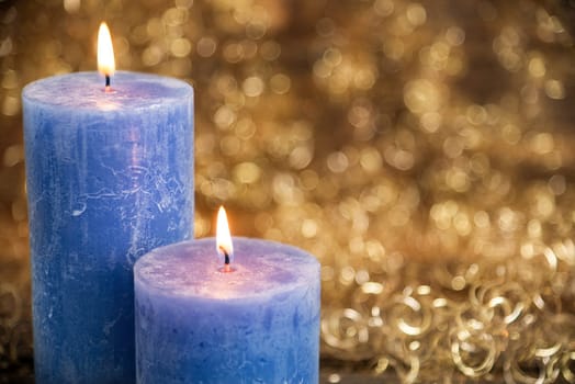 Free Space, With Blue Candles, Warm And Cozy Winter Background, Golden Christmas Decoration