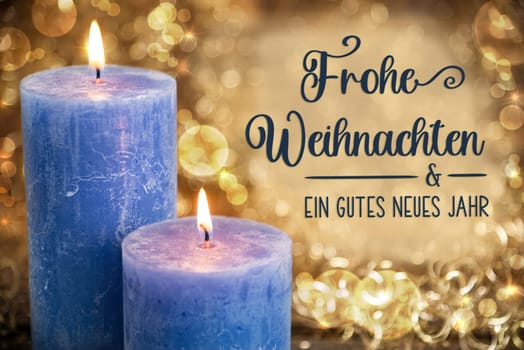 German Text Frohe Weihnachten Und Ein Gutes Neues Jahr, Means Merry Christmas And Happy New Year In English, With Blue Candles, Warm And Cozy Winter Background, Golden Christmas Decoration