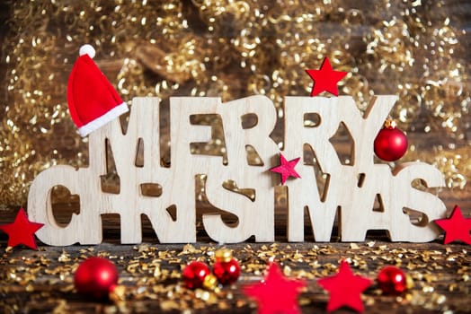 Wooden Text Merry Christmas With Winter Decoration, Christmas Decoration, Red And Golden Winter Decor