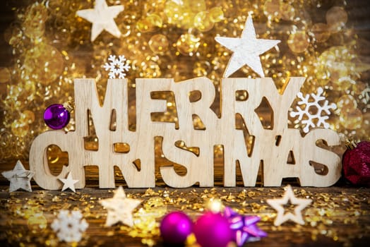 Wooden Text Merry Christmas With Winter Decoration, Christmas Decoration, Purple And Golden Winter Decor