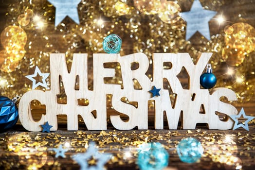 Wooden Text Merry Christmas With Winter Decoration, Christmas Decoration, Blue And Golden Winter Decor