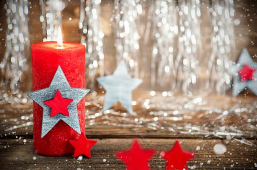 Red Candle, Silver Glittering Background, Christmas Decor, Festive Winter Background