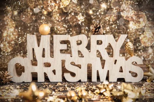 Wooden Text Merry Christmas With Winter Decoration, Christmas Decoration, Golden Winter Decor