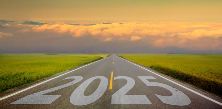 The Number 2025 written on empty road. Concept of New 2024 Year. Concept of planning, tasks