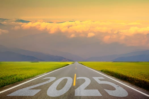 The Number 2025 written on empty road. Concept of New 2024 Year. Concept of planning, tasks