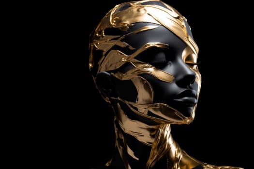 Abstract illustration of a gold and black marble bust of a female sculpture isolated on a black background.Generative AI