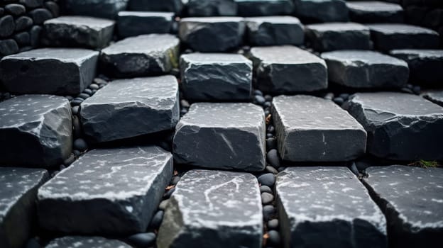 masonry of rough gray stones of various shapes and shades on the pavement. Beautiful background and surface texture of stone road .Generative AI